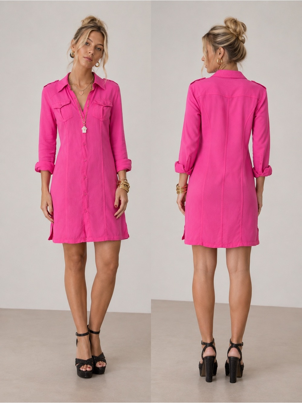 Vintage Calypso Christiane Celle Pink Linen Epaulette Shirt Dress Size XS